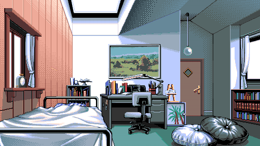 Takuya's bedroom. A picture hangs in the center of the far wall.